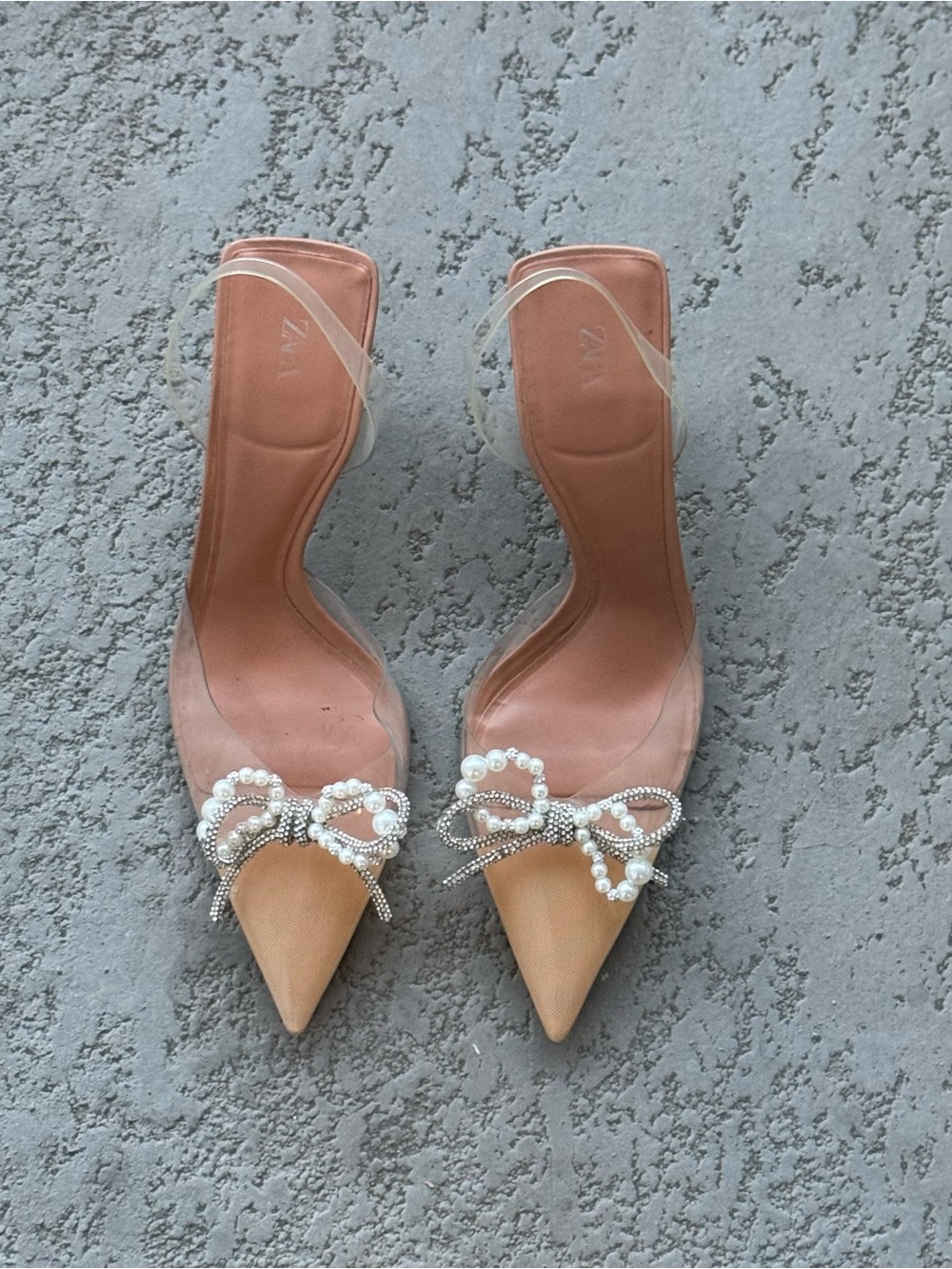 Zara Nude Pointed-Toe Heels with Pearl Bow Accent